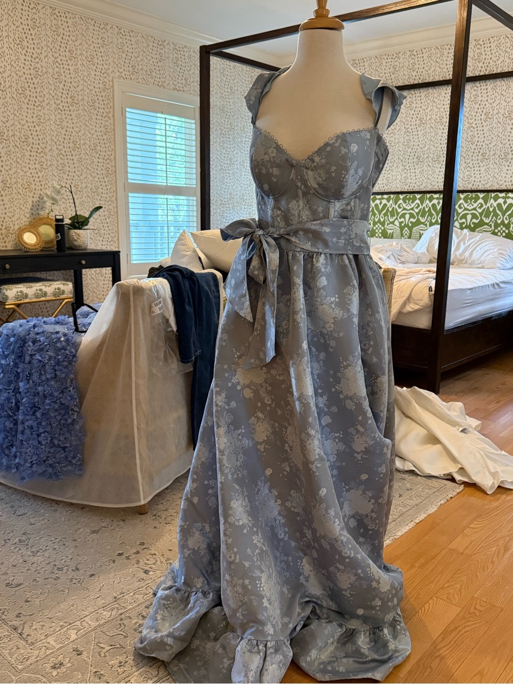 V. Chapman Gray Floral Maxi Dress with Tie Waist
